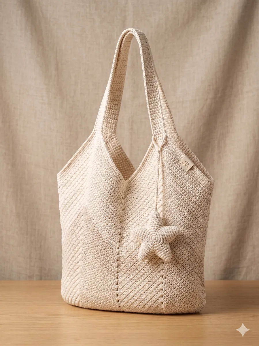 Handmade ivory crochet tote